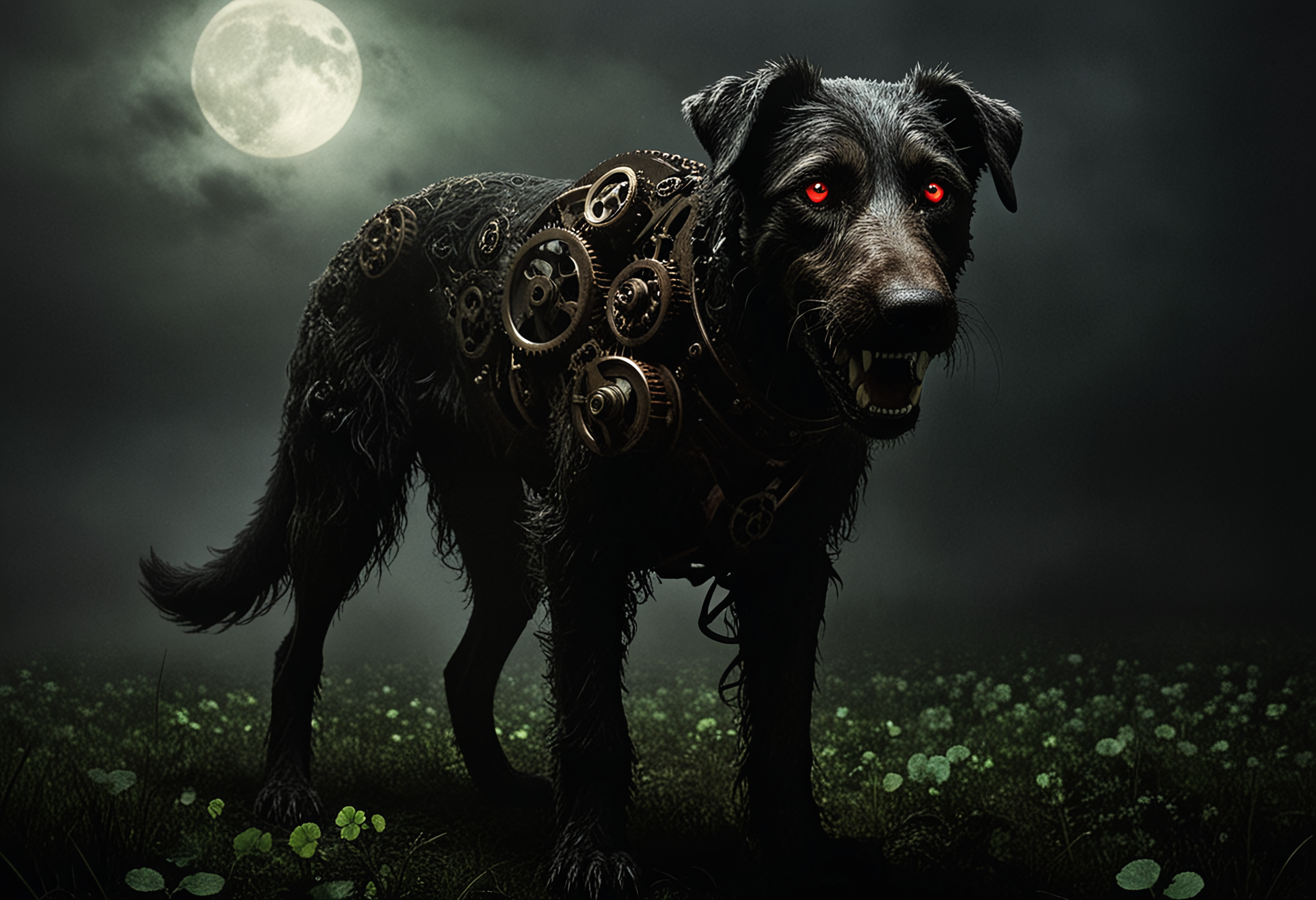 masterpiece, highly detailed, exterior, foggy night, misty field of green clover, clover around the edges, closeup, a menacing mechanical Irish wolfhound, black (fur made of gears), rusty old gears and cogs, old black iron, two glowing red eyes, looking at viewer, emerging from the dark, the black shuck of folklore, dark and menacing, portent of . <lora:gearstyle:1> <lora:zavy-cntrst-sdxl:1> dark, chiaroscuro, low-key