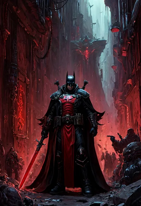 a mix of nqstrman and batman in a black and red outfit holding a sword stands in the shadowy underbelly of a hive city, his long coat billowing as he examines xenos artifacts hidden in a dimly lit alley. The grimy walls are covered in graffiti venerating forbidden gods, and his gaze is stern, his hand resting on the hilt of a power sword, ready to dispense the Emperor's justice, apxlz