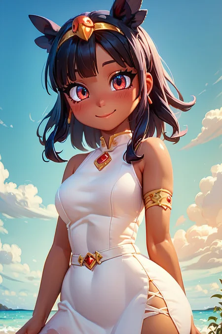 score_9, score_8_up, score_8, medium breasts, (curvy), cute, eyelashes, BREAK, , zzToto, dark skin, 1girl, blush, black hair, jewelry, sky, day, bandages, white dress, sleeveless dress, <lora:Toto_Takatsu_PDXL:0.8>, , BREAK, smile, closed mouth, looking at viewer, cowboy shot, embedding:zPDXL, Expressiveh, <lora:BeautifulCAT_PDXL:1.0>, <lora:SDXLFaeTastic2400:0.5>, <lora:Expressive_H-000001:0.4>,