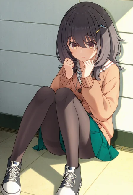 <lora:Mako KAWAI_illustrious-000052:1>,
Mako KAWAI,
black pantyhose,pleated skirt,white shirt,cardigan,hair ornament,green skirt,sneakers,shoes