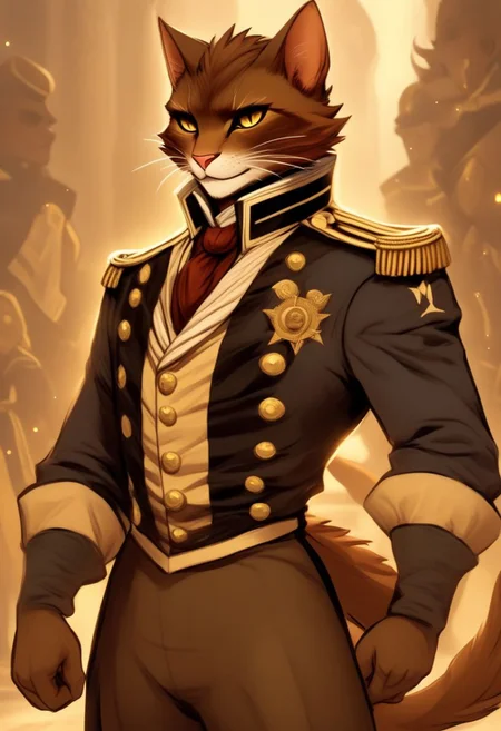 A short haired tabaxi man, sailor captain uniform, Dark brown and tan fur, Commanding, leader, confident, dancer, elegant