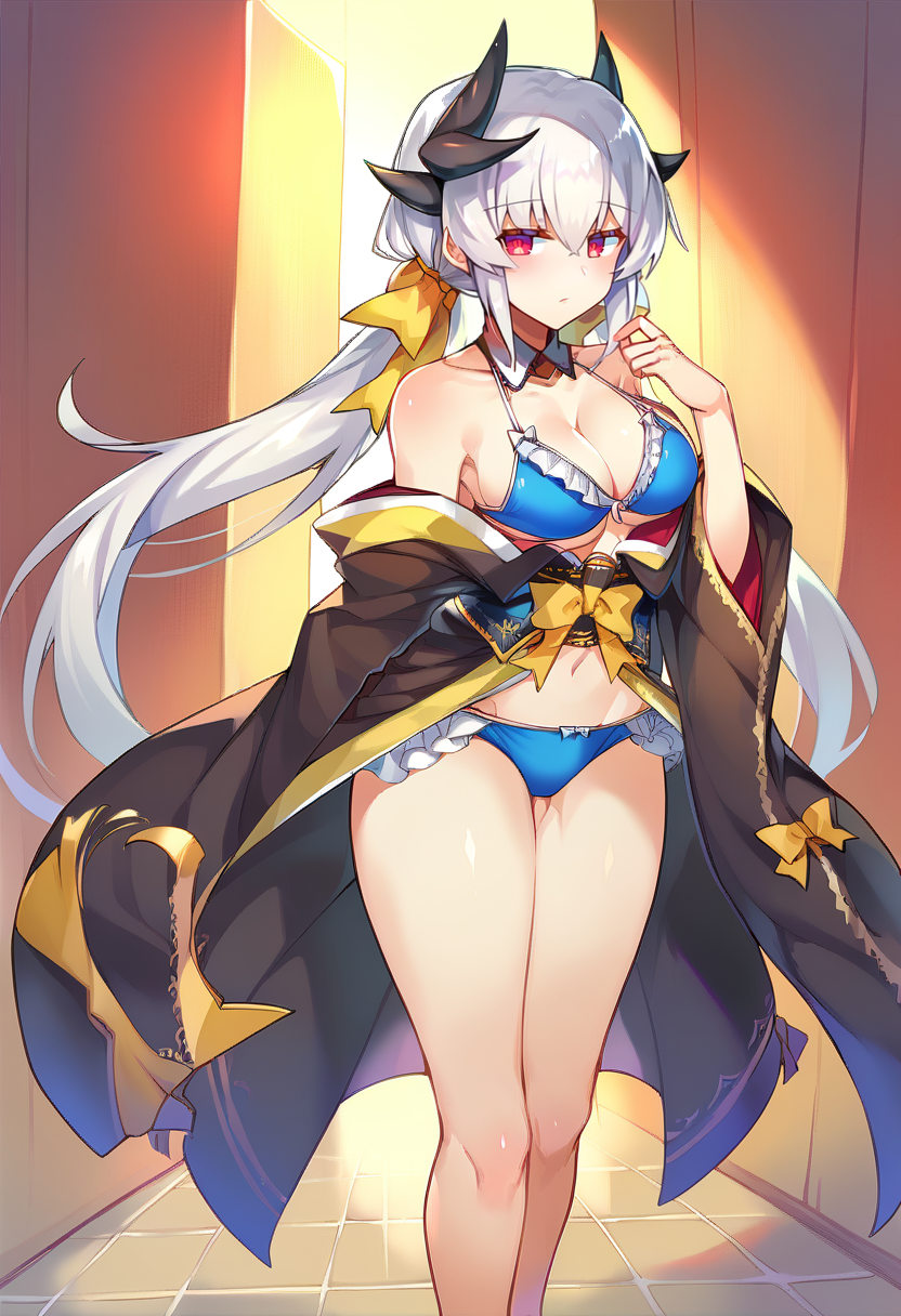 score_9, score_8_up, score_7_up, source_anime BREAK 1girl,  <lora:spfateKiyohimeXLPony:1> kiyola3st, white hair, horns, yellow bow, blue bikini, cleavage, frills, frilled bikini, japanese clothes, black kimono, standing, full-body shot, <lora:Pokoten-Style-PonyXL-000046:1>