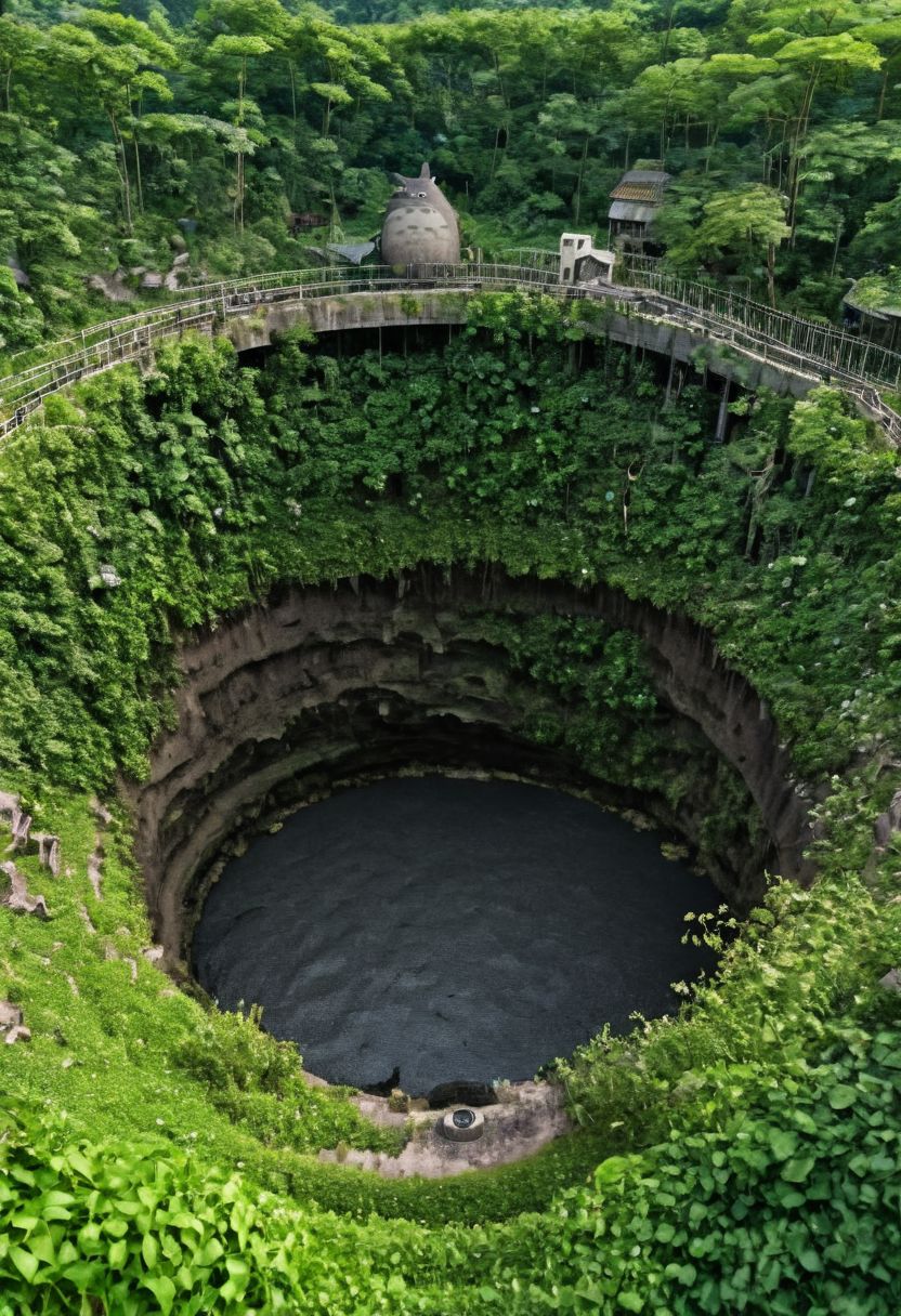 arafed view of a large crater with a walkway in the middle, real life totoro, beautiful hd, everything enclosed in a circle, hou china, pacal votan, looming over the earth, well - decorated, huge black round hole, ivy, solar, <hd, ad, top