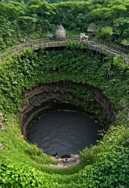 arafed view of a large crater with a walkway in the middle, real life totoro, beautiful hd, everything enclosed in a circle, hou china, pacal votan, looming over the earth, well - decorated, huge black round hole, ivy, solar, <hd, ad, top