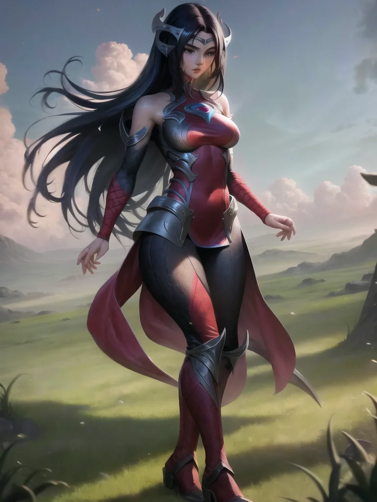 grass, field, sky, irelia, league of legends, black legwear, highres, 1girl, armor, arm wrap, armored boots, breasts, bangs, bare shoulders, blade, blue eyes, blue hair, boots, covered navel, forehead protector, lips, long hair, medium breasts, off shoulder, parted bangs, parted lips, pelvic curtain, standing, solo <lora:ireliav2-000034:1>