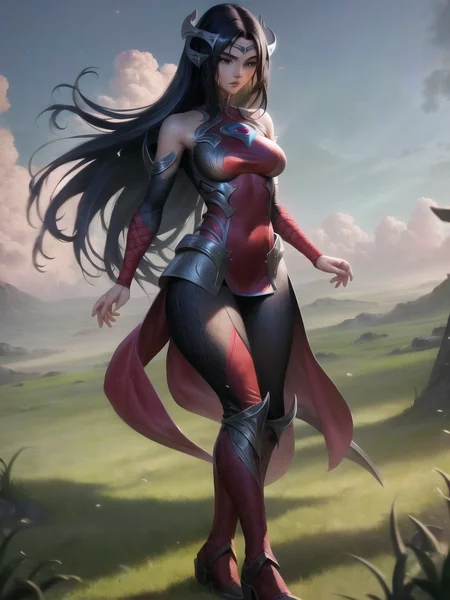 grass, field, sky, irelia, league of legends, black legwear, highres, 1girl, armor, arm wrap, armored boots, breasts, bangs, bare shoulders, blade, blue eyes, blue hair, boots, covered navel, forehead protector, lips, long hair, medium breasts, off shoulder, parted bangs, parted lips, pelvic curtain, standing, solo <lora:ireliav2-000034:1>