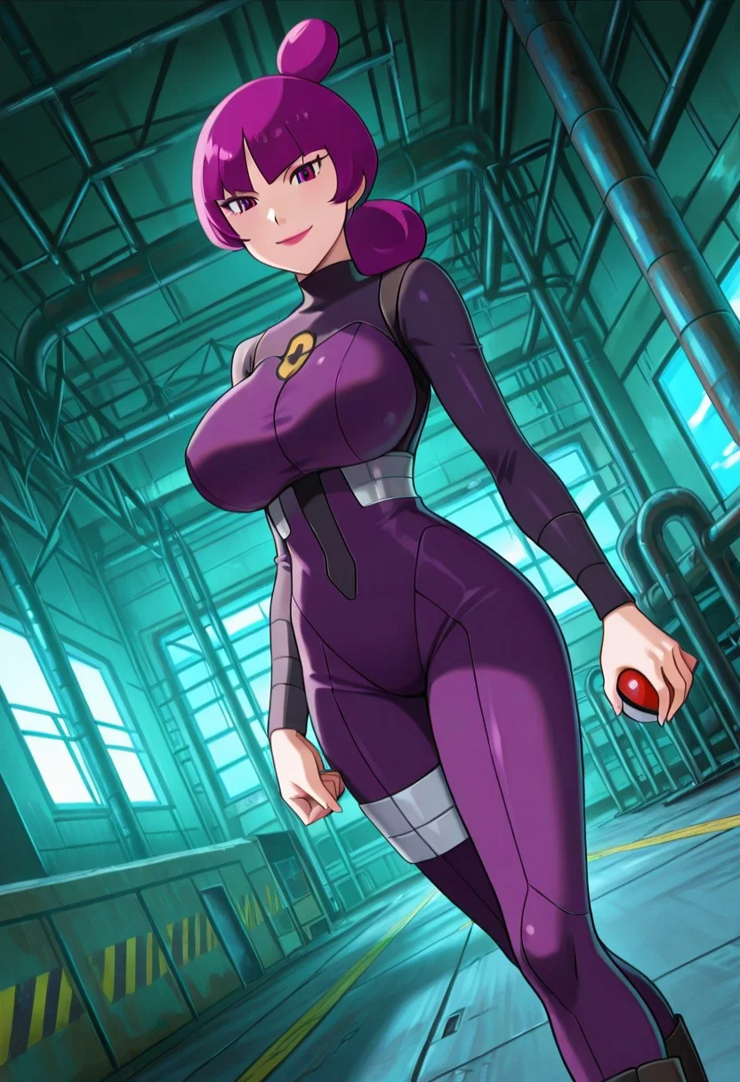 general,highres, ultra-detailed,very aesthetic,best quality ,best hands,best eyes,easynegative,
dynamic anglre, dutch angle, anime cloring,
1girl solo,looking at viewer,smile,factory, poke ball,holding a poke ball,
Jipter,purple hair, purple eyes,lipstick, huge_breasts,bodysuits, boots,