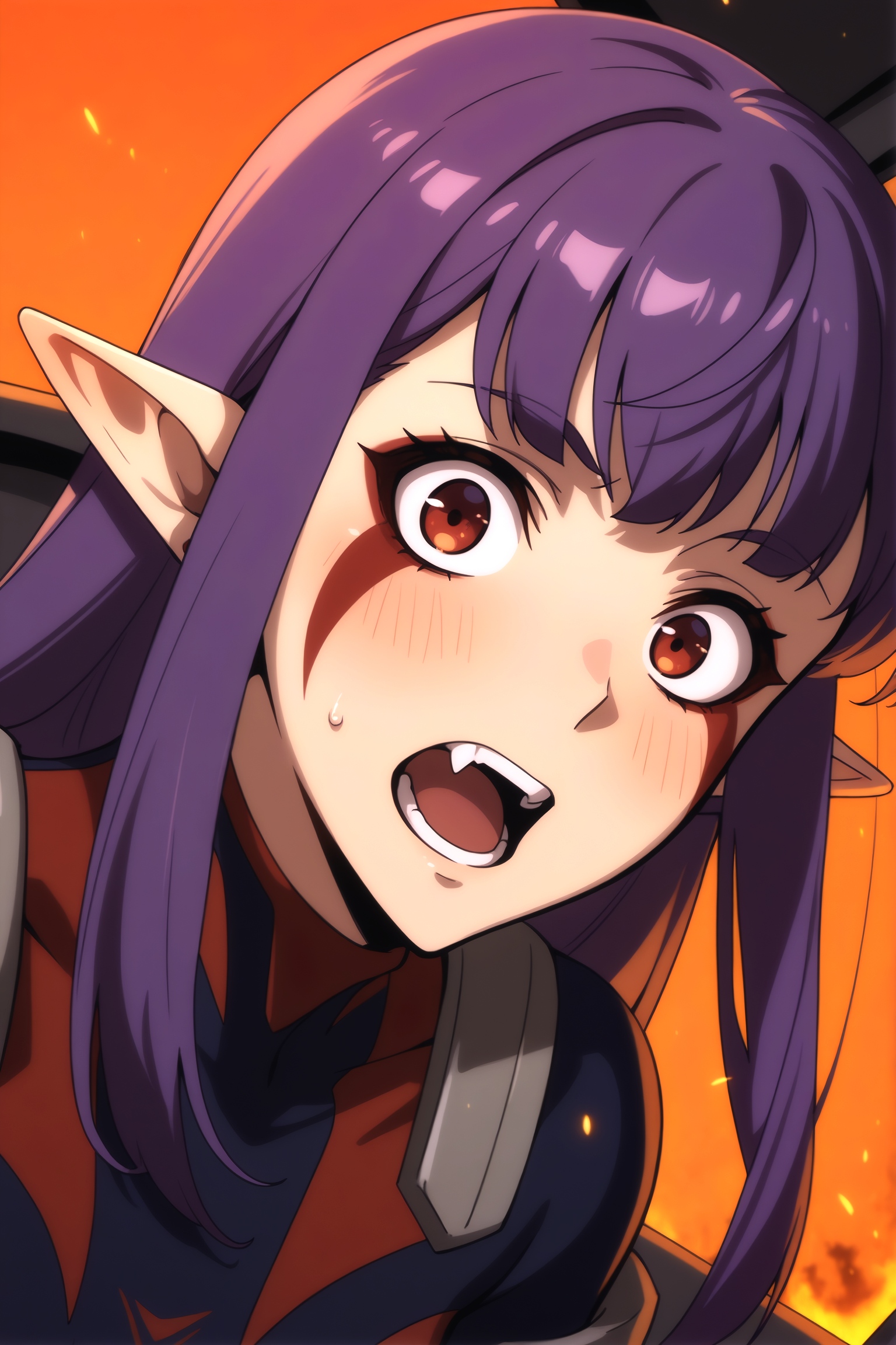 <lora:EsilRadiruV3:0.8> Esil Radiru, 1girl, pointy ears, solo, phantasy star, purple hair, red eyes, open mouth, long hair, fangs, orange background, embers, facial mark, bodysuit, macross, upper body, bangs, pilot suit, cockpit, sidelocks, simple background, wideeyed, science fiction, tongue, teeth, sparks, facepaint, gloves, fire, surprised, hair behind ear, photoshop, breasts, tattoo, fang, original, facial tattoo, portrait, small breasts, cyborg, blush, pale skin, looking at viewer