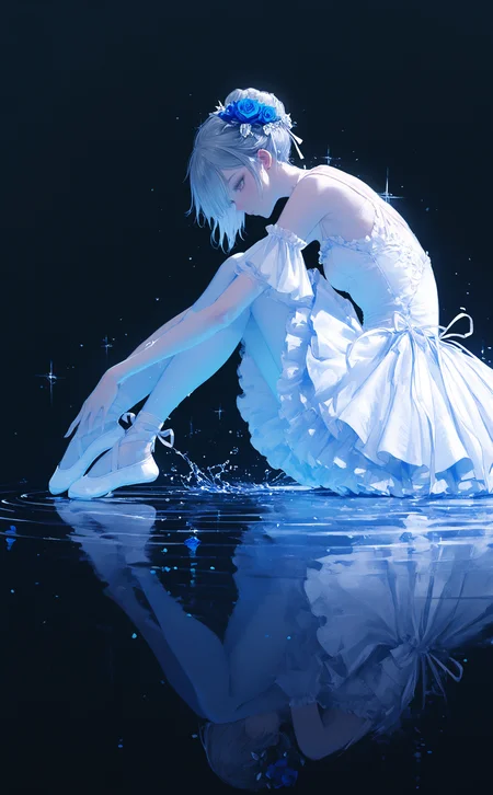 masterpiece, best quality, amazing quality, 1girl, solo, short hair, hair ornament, dress, ribbon, sitting, full body, grey hair, flower, short sleeves, frills, detached sleeves, hair flower, white dress, hair bun, water, sparkle, rose, white footwear, frilled dress, black background, white ribbon, knees up, blue flower, reflection, blue theme, blue rose, ripples, plantar flexion, reflective water, ballerina, ballet slippers, ballet, tutu, nhl-001, limited palette, realistic,painterly <lora:noobai_ep11_stabilizer_v0.138_fp16:0.3> <lora:NOOB_vp1_detailer_by_volnovik_v1:0.3> <lora:nhl-002-nai:0.7> <lora:nhl-001-20:0.8> <lora:XXX667:0.6>