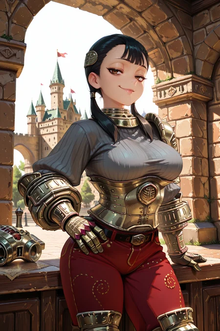 <lora:ChamIllustriousBackgroundEnhancer:0.5>, masterpiece, very aesthetic, absurdres, best quality, amazing quality, high resolution, newest, very awa, scenery, looking at viewer, <lora:spo_sdxl_10ep_4k-data_lora_Illustrious:0.8> <lora:StabilizerIllustrious:0.8> , masterpiece, beautifully drawn, elegantly detailed, <lora:AsheiIL:0.8> , AshDef, 1girl, black hair, twintails, hair over shoulder, brown eyes, bags under eyes, hair ornament, gorget, grey sweater, ribbed sweater, single pauldron, armored corset, silver corset, silver gauntlets, red pants, belt, silver greaves, looking at viewer, (cowboy shot), hand on hip, sassy, smug, interior, ramparts, castle,