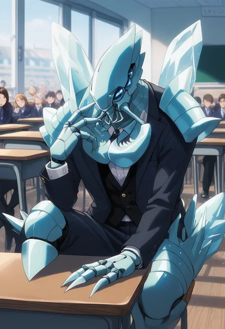 score_9, score_8_up, score_7_up, source_anime, rating_safe, desk, CocytusOL, blue_Cocytus_eyes, pokemon (creature), robot focus, blazer, school uniform, light blue_Cocytus_claws, looking at viewer, hands with three fingers, sitting, blurry indoor, classroom, blackboard, crowd, solo focus, cute wallpaper, happy-cheery,