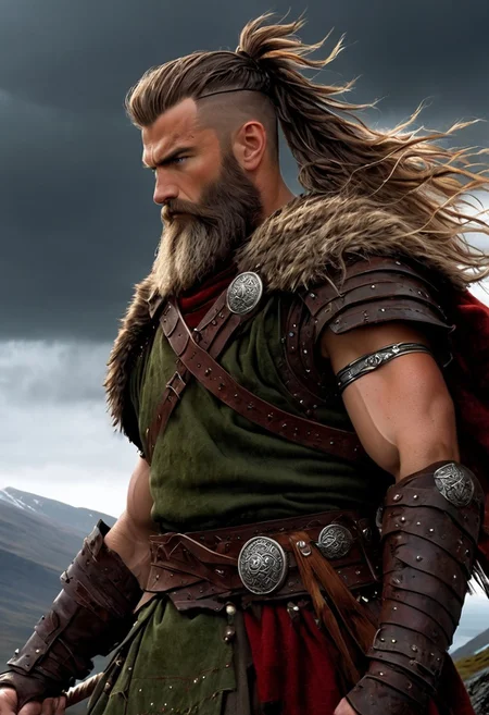 A fierce Scottish warrior standing boldly on a rugged cliffside, overlooking a misty valley. He wears traditional Scottish armor, including a tartan kilt in red and green, a leather vest, and a fur cloak draped over his shoulders. His muscular frame is visible beneath the armor, and his battle-worn face is framed by long, wild hair and a thick beard. In his right hand, he grips a massive claymore sword, its blade gleaming in the dim light. His left hand holds a round shield with a Celtic knot design. The warrior’s eyes are determined, focused on the horizon, while a fierce wind blows through the scene. The background features mist-covered hills, dark storm clouds gathering overhead, and distant snow-capped mountains. The color palette is dominated by earthy tones, grays, and greens, creating a moody, epic atmosphere of strength and resilience.
kilt, claymore sword
, moody light, by H.R Giger, 4k resolution digital art trending on Artstation and unreal engine 5, hyperrealism, full body shot, glowing eyes, cinematic, epic, masterpiece, surreal, fantasycore, hyperdetailed, ultra realistic, octane render, volumetric lighting, depth of field, bokeh, 8 <lora:Details:0.85>