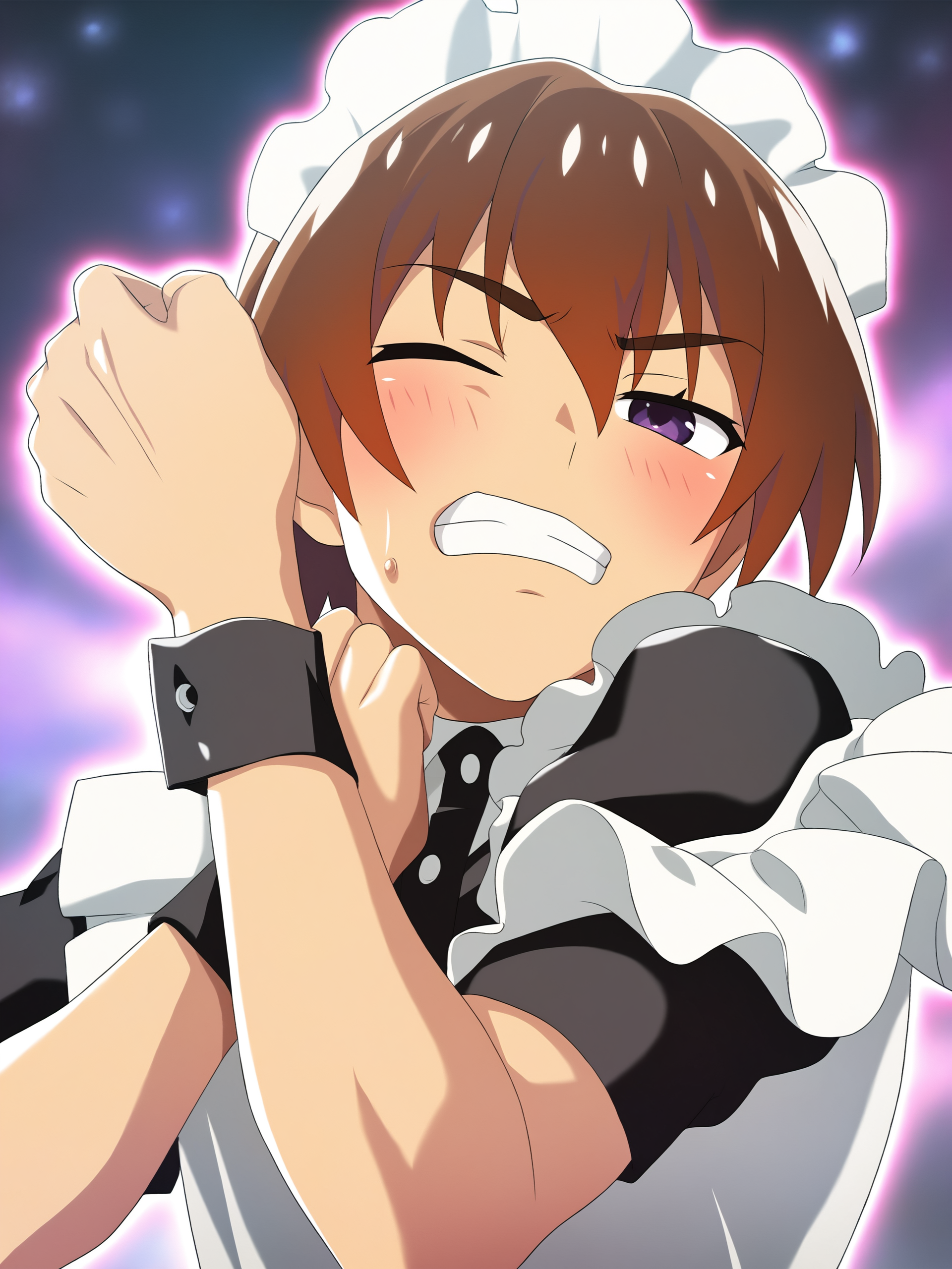 higurashimei, solo, blush, short hair, brown hair, 1boy, purple eyes, male focus, teeth, one eye closed, wrist cuffs, maid, maid headdress, parody, clenched teeth, crossdressing, maebara keiichi, 
(masterpiece, best quality, absurdres, highres, newest:1.2), very awa, 