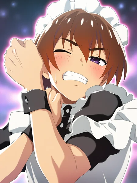 higurashimei, solo, blush, short hair, brown hair, 1boy, purple eyes, male focus, teeth, one eye closed, wrist cuffs, maid, maid headdress, parody, clenched teeth, crossdressing, maebara keiichi, 
(masterpiece, best quality, absurdres, highres, newest:1.2), very awa, 
