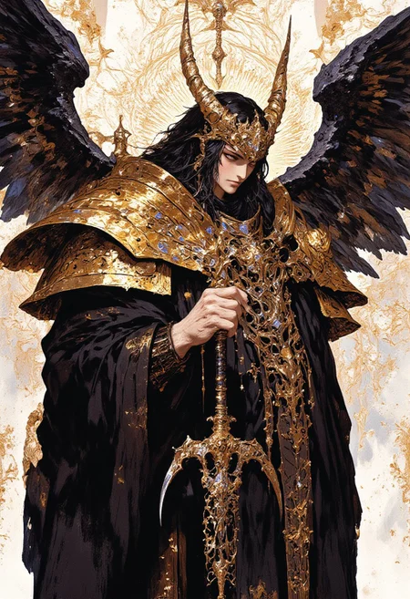 This is a highly detailed digital artwork in a fantasy style, featuring a striking female figure radiating an ethereal, otherworldly presence. She wears a flowing, black medieval robe adorned with intricate golden attachments, each crafted with delicate, ornate patterns reminiscent of regal craftsmanship. The golden shoulder plates curve gracefully over her form, while a waist chain with elegant filigree accents cinches the robe, and a breastplate with mesmerizing, intricate designs enhances her majestic aura. The robe is modest yet imposing, concealing her figure while exuding an air of authority and dignity. Her long, straight black hair cascades over her shoulders, framing her pale, flawless skin and drawing attention to her piercing, confident gaze. In her right hand, she wields a large, ornate sword with a dark, near-black blade etched with golden patterns, its hilt wrapped in shimmering golden cords. Large black feathered wings extend majestically from her back, adding to her angelic yet fearsome presence. The background is a celestial blend of white and gold, filled with abstract, swirling patterns that echo the intricate details of her armor, creating a harmonious yet dramatic atmosphere. HD, ultra-detailed, 8K quality, masterpiece artwork.