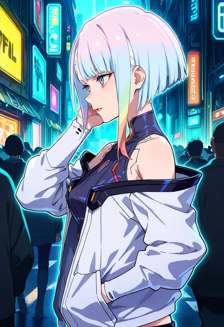 (masterpiece, best quality, high quality, good quality),1girl,lucy \(cyberpunk\),outer glow,looking to the side,hand on own ear,street,cyberpunk,upper body,from side,blurry foreground,
blue theme,glowing,outline,walking,hand in pocket,crowd,<lora:Biolumins:1>,