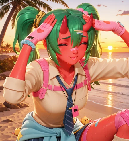 (dance, sparkling, happy, smile:1.2), (portrait, AhEtoBlehMeme, closed eyes, tongue out, :p, hands on own head, smile, looking at viewer, depth of field, bokeh, sunset, golden hour, beach, sand, palm tree, ocean, rocks, detailed background:1.5), fortnite_nemia, 1girl, solo, green hair, twintails, ponytail, long hair, bangs, hair between eyes, hair over one eye, ears, horns, oni horns, single horn, red skin, pink skin, blue eyes, parted lips, bandaid, bandaid on nose, bandaid on thighs, breasts, shirt, school uniform, necktie, plaid skirt, thighhighs, socks, loose socks, boots, jewelry, earrings, bracelet, charm, belt, gloves, fingerless gloves, knee pads, leg warmers, collarbone, solo, colored skin, hair ornament, hairclip, scrunchie, holster, striped necktie, clothes around waist, oni, plaid, charm (object), blue necktie, sweater around waist, animal print, heart, shoes, star (symbol), thigh holster, (female focus, female_focus, sweating, sweat:1.8),  <lora:Fortnite_Nemia_Demonically_Cute_Set_ILXL_E41_16_DIM:0.7>, <lora:dmd2_sdxl_4step_lora:1> <lora:AhEtoBlehMeme_illusXLNoobAI_Incrs_v1:1>