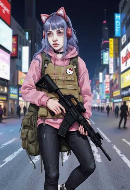 Watercolor painting of young woman holding black tactical assault rifle, wearing tan military bulletproof vest with tactical pouches with hello kitty patch over pink hoodie with rolled up sleeves, high top sneakers, skinny jeans, wearing a tactical military headset with novelty cat ears, choker, large tactical backpack, empty neon cyberpunk city at night, blue choppy layered hair with long bangs, her hands are not deformed, the assault rifle is not deformed