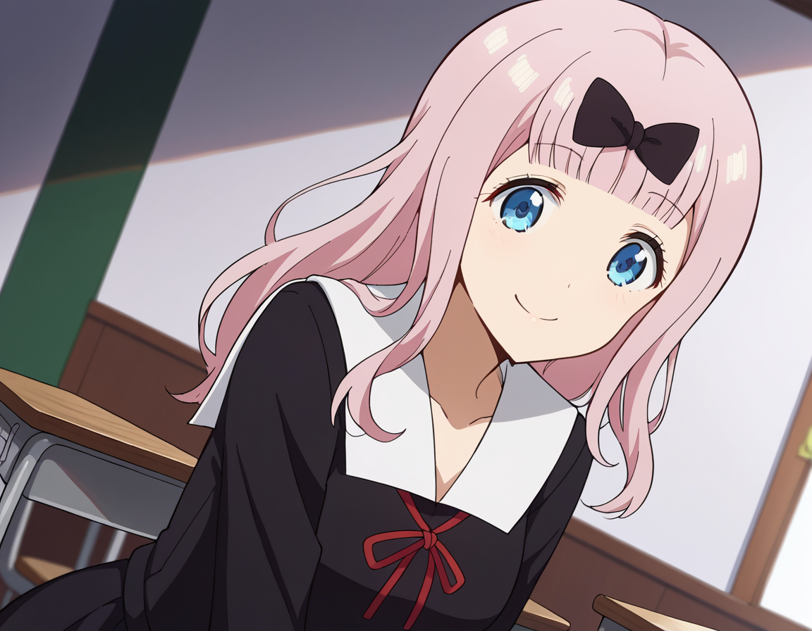 score_9, score_8_up, score_7_up, source_anime,
chikafujiwara, <lora:chika-fujiwara-s3-ponyxl-lora-nochekaiser:1>,
chika fujiwara, long hair, bangs, blue eyes, bow, pink hair, hair bow, blunt bangs, black bow, smile, mature female,
long sleeves, dress, ribbon, school uniform, collarbone, black dress, sailor collar, white sailor collar, red ribbon, neck ribbon, shuuchiin academy school uniform,
indoors, classroom, bent over,
looking at viewer, cowboy shot, dutch angle,
