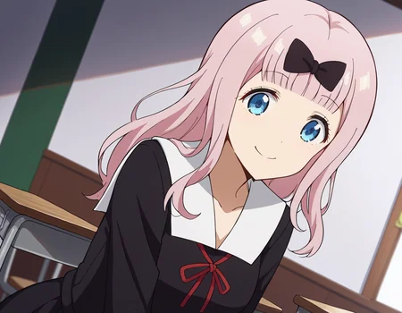score_9, score_8_up, score_7_up, source_anime,
chikafujiwara, <lora:chika-fujiwara-s3-ponyxl-lora-nochekaiser:1>,
chika fujiwara, long hair, bangs, blue eyes, bow, pink hair, hair bow, blunt bangs, black bow, smile, mature female,
long sleeves, dress, ribbon, school uniform, collarbone, black dress, sailor collar, white sailor collar, red ribbon, neck ribbon, shuuchiin academy school uniform,
indoors, classroom, bent over,
looking at viewer, cowboy shot, dutch angle,
