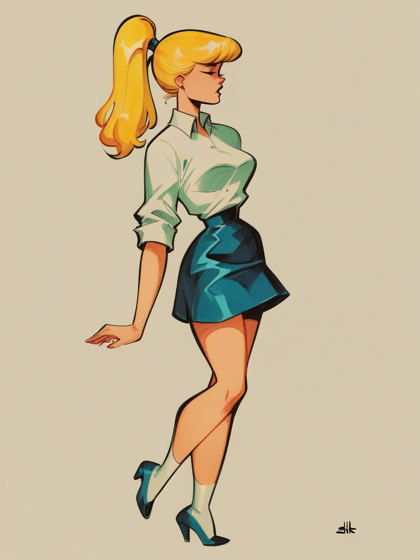 score_9, score_8_up, score_7_up, score_6_up, score_5_up,  1girl, blonde hair, ponytail,  <lora:4RCH13XLP:1> 4rch13, traditional media, skirt,
