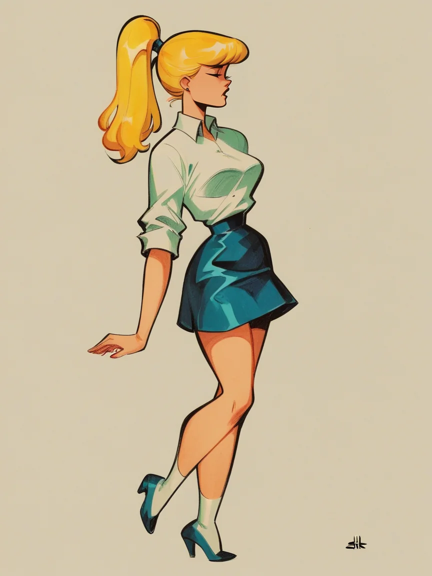 score_9, score_8_up, score_7_up, score_6_up, score_5_up, 1girl, blonde hair, ponytail, <lora:4RCH13XLP:1> 4rch13, traditional media, skirt,