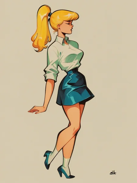 score_9, score_8_up, score_7_up, score_6_up, score_5_up, 1girl, blonde hair, ponytail, <lora:4RCH13XLP:1> 4rch13, traditional media, skirt,