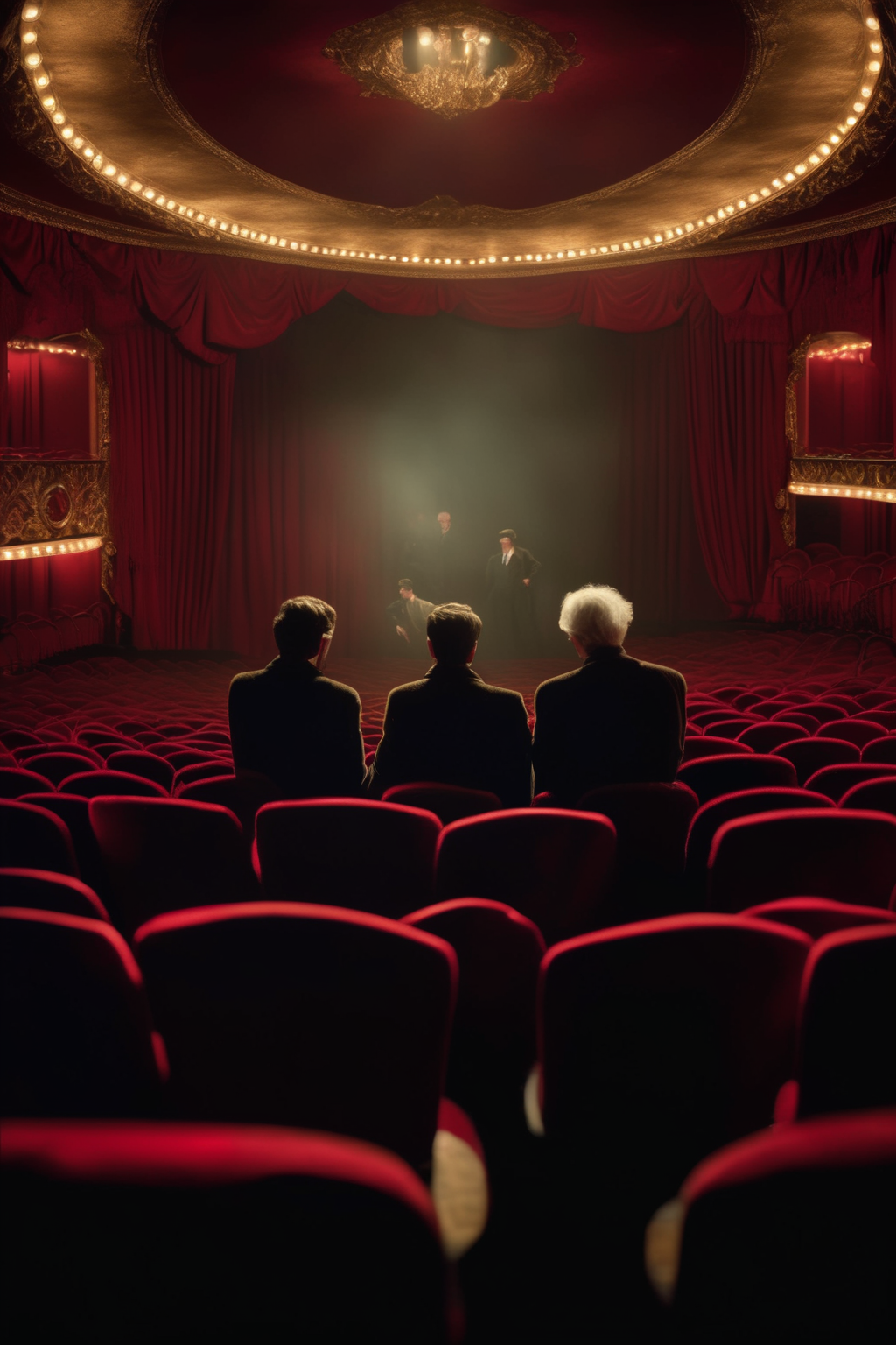 <lora:Roger Deakins Style:1>Roger Deakins Style - two men sitting at small round tables in the first row of an audience room of a moulin rouge theater and watch the stage