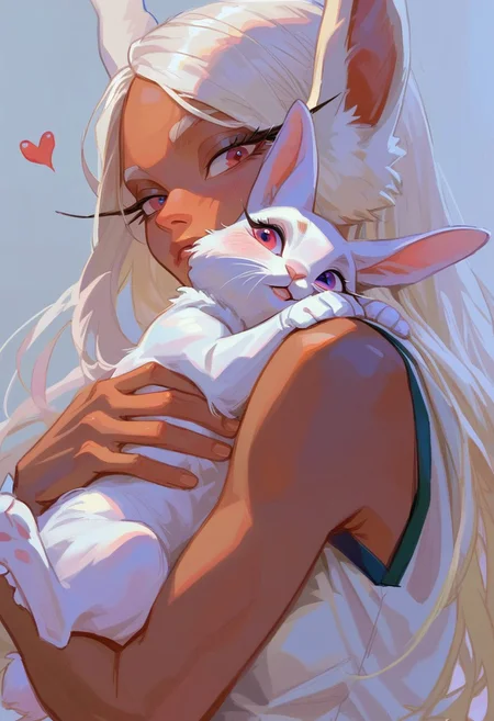 score_9, score_8_up, score_7_up, score_6_up, <lora:p3tl0v3XLP:1> p3tl0v3, 1girl, rumi usagiyama, dark skinned female, hugging a white rabbit, SWMS