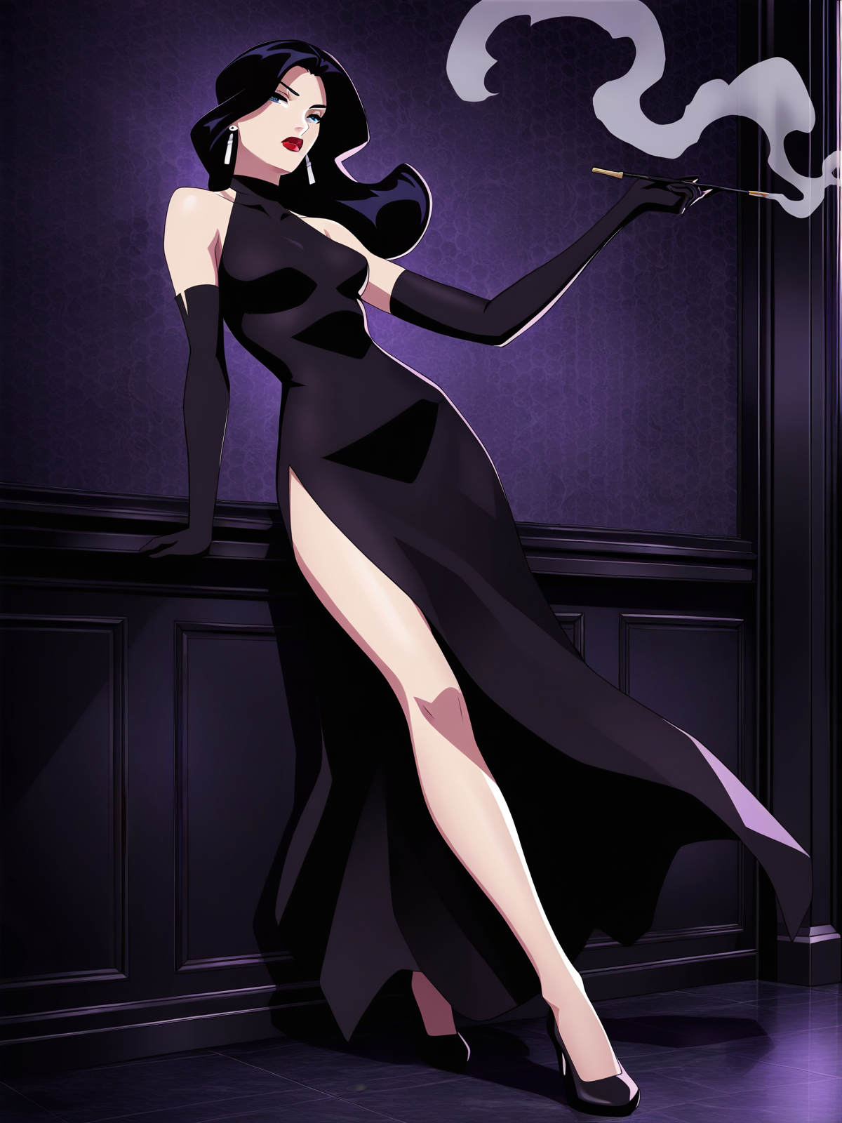 (masterpiece,best quality,ultra_detailed,highres,absurdres:1.2,amazing quality,very aesthetic),<lora:Persephone Brimstone ilxl_v1-000010:0.8>,1girl,solo,dress,gloves,high heels,black dress,black hair,elbow gloves,black gloves,long hair,jewelry,makeup,earrings,lipstick,red lips,black footwear,side slit,holding,smoke,smoking pipe,breasts,smoking,brimstone,, (masterpiece,best quality,ultra_detailed,highres,absurdres:1.2,amazing quality,very aesthetic),Smooth Negative,