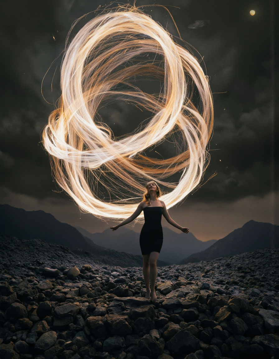 Art by Brooke Shaden. A photo-realistic shoot from a far camera angle about a mysterious figure standing in a surreal landscape, surrounded by swirling light effects. the image also shows a woman, who appears to be in her mid-twenties, standing in the middle of the image, with her full body facing the viewer. she is wearing a form-fitting black dress that accentuates her slender physique and bare shoulders. her hair is styled in a way that frames her face, and her eyes are directed straight ahead, giving her a serene expression. her arms are outstretched, as if she is walking towards the horizon. the woman is standing on a rocky terrain, with a large, swirling light source behind her, creating a sense of depth and movement. the background is a dark, foggy environment with distant mountains and a distant planet, adding to the mysterious and ethereal atmosphere of the scene. the lighting is soft and diffused, casting a warm glow on the woman's figure and the surrounding landscape.