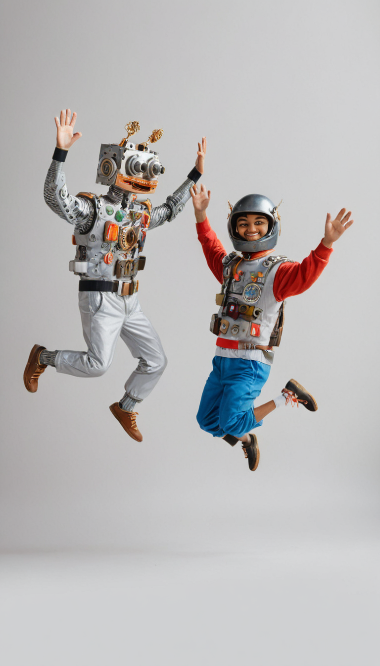 <lora:JunkBots_XL:1.0> Two characters jumping in the air and giving each other a high five, 1990s background
