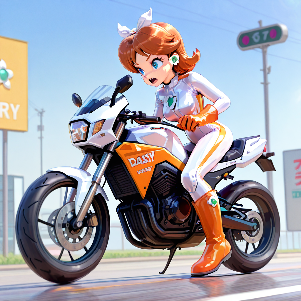 1girl, daisymkwbiker <lora:Daisy MKW Adventure Outfits Illustrious V2:1>, white body suit, orange gloves, orange boots, riding motorcycle