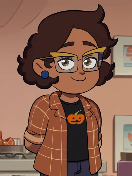 Camila, 1girl, brown hair, curly hair, solo, glasses, jewelry, earrings, smile, brown eyes, black shirt , blue pants, plaid, indoors ,arms behind back, <lora:CamilaPony1.0:1.0>, score_9, score_8_up, score_7_up, score_6_up, score_5_up, score_4_up, looking at viewer,, zPDXL <hypernet:bad-hands-5:1>