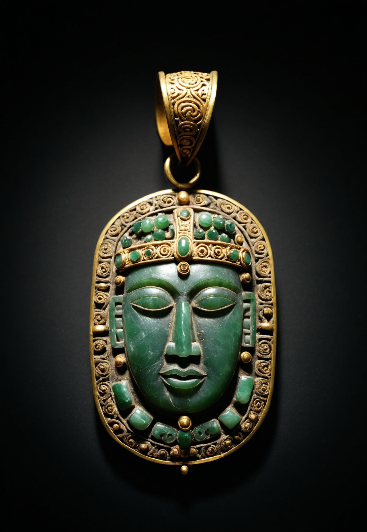 score_9, score_8_up, score_7_up, score_6_up, ((highly realistic, highly detailed, intricate details, photorealistic, photography, photo)), ((high quality:1.4, best quality:1.5)), ((full view, pov from above)), view of an antique amulet exposed in an museum, the antique amulet is made of carved old jade and aged gold intricate inlay, the the antique amulet come from old Maya civilisation, ((the antique amulet have a Maya face carved on it)), (sharp shadow, dim light, low light, dramatic light), fixl-art