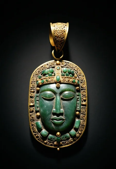 score_9, score_8_up, score_7_up, score_6_up, ((highly realistic, highly detailed, intricate details, photorealistic, photography, photo)), ((high quality:1.4, best quality:1.5)), ((full view, pov from above)), view of an antique amulet exposed in an museum, the antique amulet is made of carved old jade and aged gold intricate inlay, the the antique amulet come from old Maya civilisation, ((the antique amulet have a Maya face carved on it)), (sharp shadow, dim light, low light, dramatic light), fixl-art