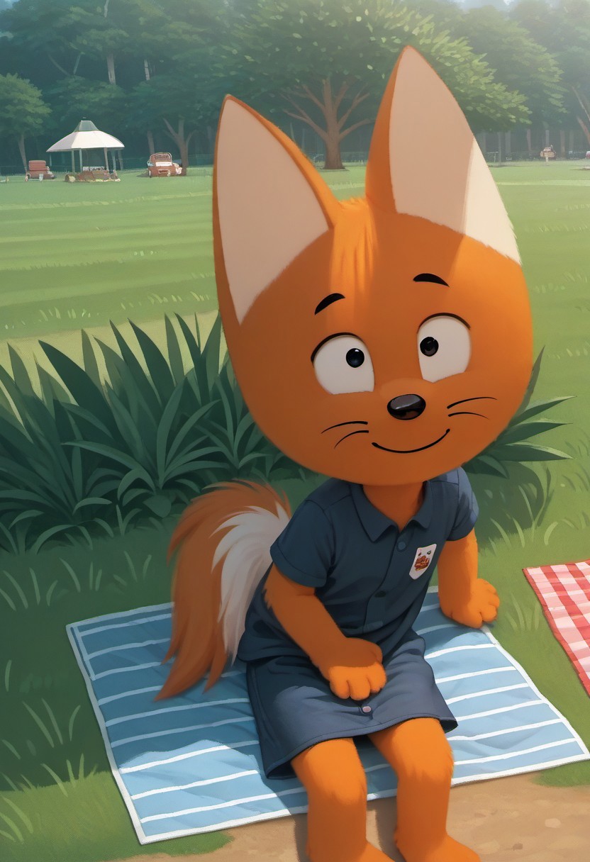 score_9, score_8_up, score_7_up
day time, natural light, detailed sun rays, summer, daytime, highly detailed background, park, break
cat anthro, male cat, orange fur, BREAK
sitting on picnic towel, upper angle view, smile, lookimg at viewer