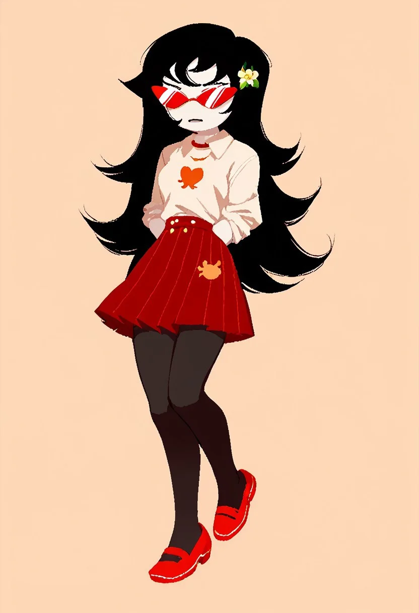 Score_9, score_8_up, score_7_up, Homestuck^2_style, 1girl, full body, white skin, blond hair, long hair, skirt, flat color, black hair, red tinted eyewear