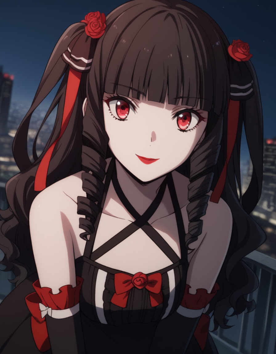 score_9, score_8_up, score_7_up, source_anime,
ayakokuroba, <lora:ayako-kuroba-s2-ponyxl-lora-nochekaiser:1>,
ayako kuroba, long hair, bangs, black hair, hair ornament, red eyes, hair ribbon, hair flower, blunt bangs, rose, drill hair, lipstick, red flower, red rose, red lips,
gloves, dress, bow, bare shoulders, collarbone, frills, detached sleeves, black gloves, elbow gloves, black dress, halterneck,
outdoors, cityscape, bent over, smile,
solo, dutch angle, looking at viewer, cowboy shot,