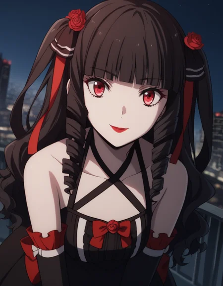 score_9, score_8_up, score_7_up, source_anime,
ayakokuroba, <lora:ayako-kuroba-s2-ponyxl-lora-nochekaiser:1>,
ayako kuroba, long hair, bangs, black hair, hair ornament, red eyes, hair ribbon, hair flower, blunt bangs, rose, drill hair, lipstick, red flower, red rose, red lips,
gloves, dress, bow, bare shoulders, collarbone, frills, detached sleeves, black gloves, elbow gloves, black dress, halterneck,
outdoors, cityscape, bent over, smile,
solo, dutch angle, looking at viewer, cowboy shot,