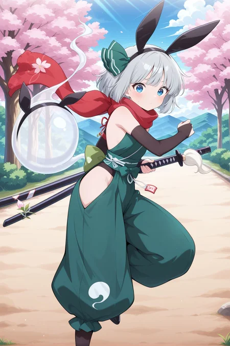 absurdres, highres, masterpiece, best quality, amazing quality, official anime artwork, screencap, anime screencap, outdoors, looking at viewer, dynamic pose, 
 <lora:Youmu-Konpaku_IllustriousV2:1> konpaku youmu, 1girl, solo, blue eyes, grey hair, short hair,, konpaku youmu \(bunny ninja spirit\), alternate costume, hair bow, green bow, black hairband, fake rabbit ears, red scarf, green kimono, bare shoulders, animal print, elbow gloves, fingerless gloves, bridal gauntlets, ninja, side cutout, green pants, puffy pants, black shoes, sheath, holding sword, katana, ninjatou,