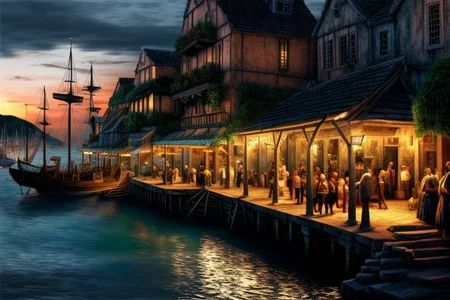 (masterpiece:1.2), (best quality,:1.2), 8k, HDR, ultra detailed, ((photorealistic)), perfect anatomy, professional light, cinematic lighting, fashion photography, ambient lighting, pire, ships, pier, outside a tavern over looking a busy harbor in the caribbean, noon