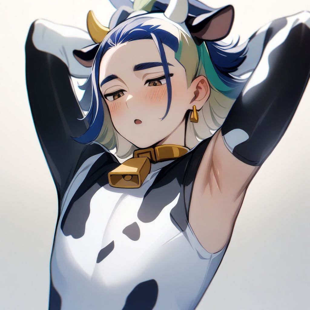 1boy, male focus, brown eyes, multicolored hair, half updo, blue hair, green hair, earring, aesthetic, very aesthetic, absurdres, best quality, solo, :o, blush, half-closed eyes, looking down, hands behind head, armpit, blush, cow print, cow print bodysuit, white bodysuit, cow ears, cowbell, cow, fake animal ears, fake horns, sleeveless