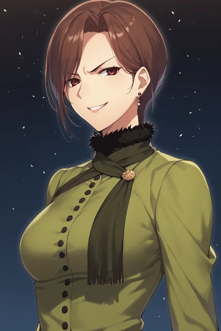 score_9, score_8_up, score_7_up, score_6_up, score_5_up, source_anime, rating_safe, medium breasts, outdoors, dark background, light particles, 1girl, solo, <lora:age_slider_v4:3>, aozaki touko, brown hair, short hair, brown eyes, dress, long sleeves, green dress, scarf, front_slit, fishnets, fishnet pantyhose, highheels, <lora:Touko_Aozaki:0.8>, (upper body:1.1), (glaring:1.5), (smile:1.2), (half closed eyes:1.3), clenched teeth