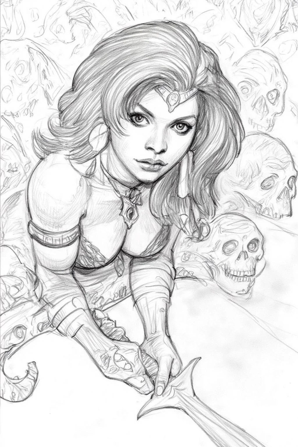Pencil sketch.
A woman wearing a bikini, with long, flowing hair and tribal-style head chain and jewelry in a dynamic pose, holding a sword with both hands. She is surrounded by skulls. She is looking directly at the viewer. <lora:iainmccaig1_cap_d8a4e12:1.0><lora:864333549073896214:0>