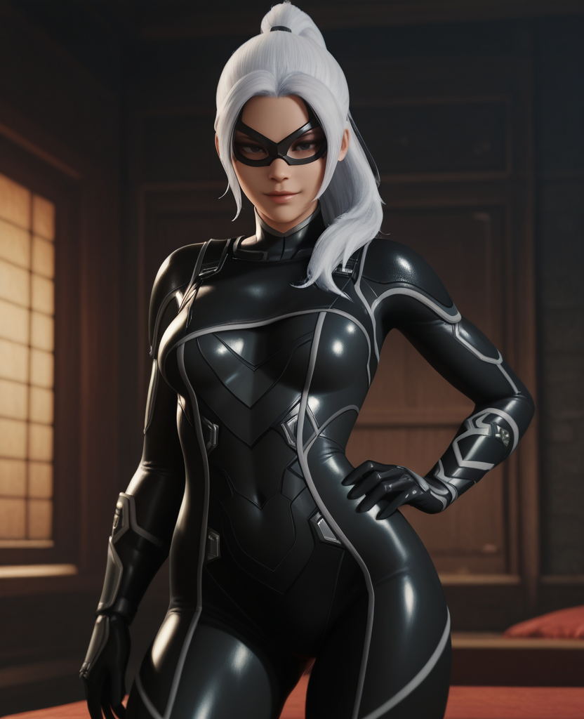 highres, absurdres, intricate detail, 3d,  <lora:Black_Cat_V2_ILLUS:0.8> , blackcat, 1girl, domino mask, white hair, ponytail, long hair, bodysuit, looking at viewer, hand on hips, seductive pose