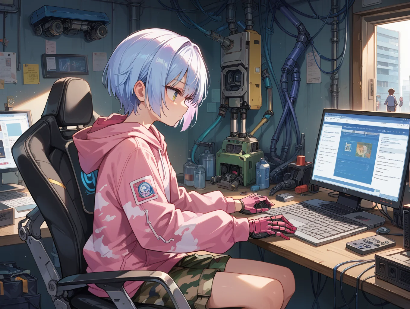 score_9, score_8_up, score_7_up,source_anime,BREAK,
android, mechanical arms, short hair, pink hoodie, hood down, camouflage, drawstring, long sleeves, gloves, no pants, mechanical legs, indoors, computer,,