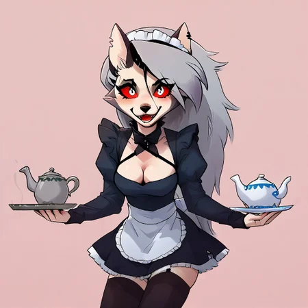 Expressive, score_9, score_8_up, score_7_up, score_6_up, score_5_up, score_4_up, maid, apron, thighhighs, maid_headdress, large_breasts, cleavage, teapot, tray, pink_background, hand_on_hip, white_hair, open_mouth, looking_at_viewer, cup, cleavage_cutout, maid_apron, teacup, red_eyes, smile, white_thighhighs,long_sleeves, simple_background, puffy_sleeves, blush, holding, animal_ears, hair_between_eyes, dress, alternate_costume, holding_tray, juliet_sleeves, green_eyes, fang, clothing_cutout, frills,Loona