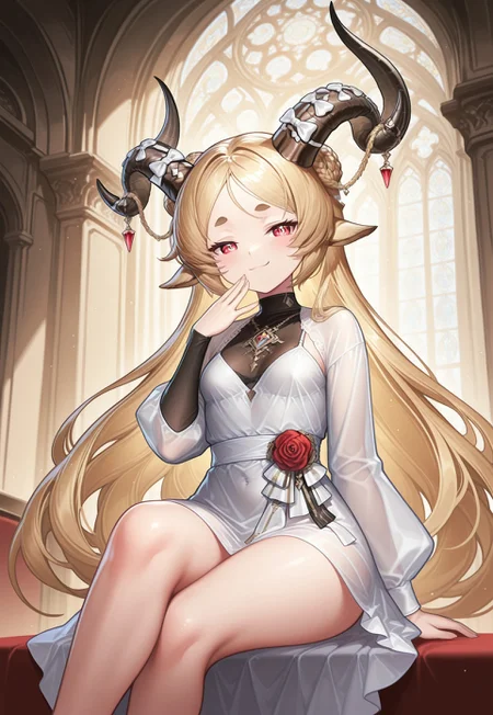 masterpiece,best quality,highres,extreme detail,detailed,ultra detailed,2D,cute,drawn,rich colors,volumetric lighting,good quality, very aesthetic, absurdres,source anime, 4k, HD, newest,nsfw,deep contrast, ambient occlusion, raytracing, soft lighting, blum effect, absolutely eye-catching, highly detailed,(beautiful eyes,detailed eyes,detailed pupils:1.2),perfect body,perfect face,perfect eyes,BREAK 1girl,goat ears,echocalypse,blonde hair,long hair,red eyes,white sclera,thick eyebrows ,curled horns,horns,horn bow,horn ornament,white dress,black undershirt,baphomet,facing viewer,looking at viewer,smug,hand to own mouth,sitting,indoors,cathedral,day