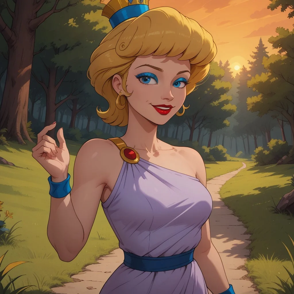 score_9, score_8, BREAK, solo, blonde hair, princess hat, blue eyes, blue eyeshadow, makeup, red lips, lipstick, wristwear, light purple dress, dark blue long skirt, sandals, Helen_of_Troy_(Hercules), sexy pose, self portrait, smile, outdoors, sunlight, shadows, evening lighting, natural lighting, forest, trees, grass, orange sky, sunset